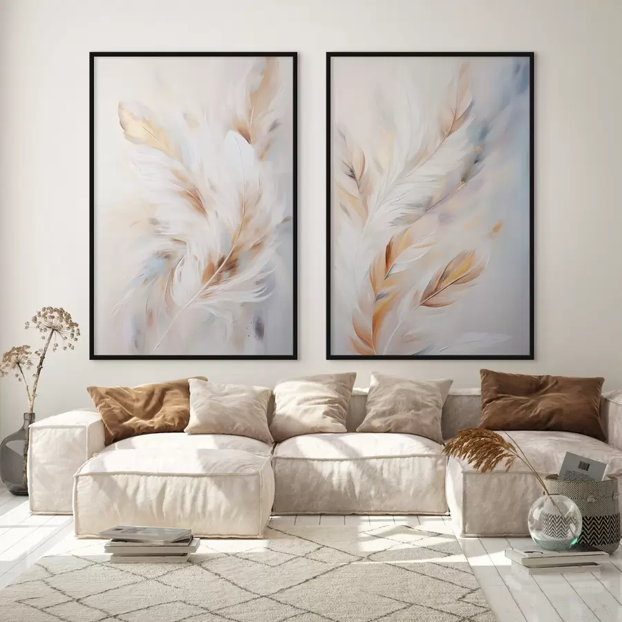 Fototapetai Didelės, minkštos plunksnos, kuriose susipina balti, geltoni ir rudi atspalviai, prieš šviesų, abstraktų foną. d01247