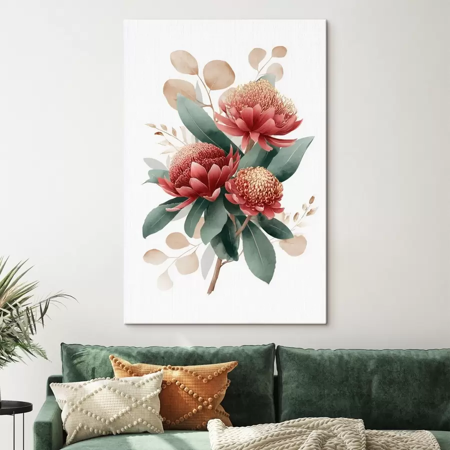 Paveikslėlis Išraiškingas proteų ir dekoratyvinių lapų puokštė, sukurtas moderniosios meno iliustracijos stiliumi. s46954