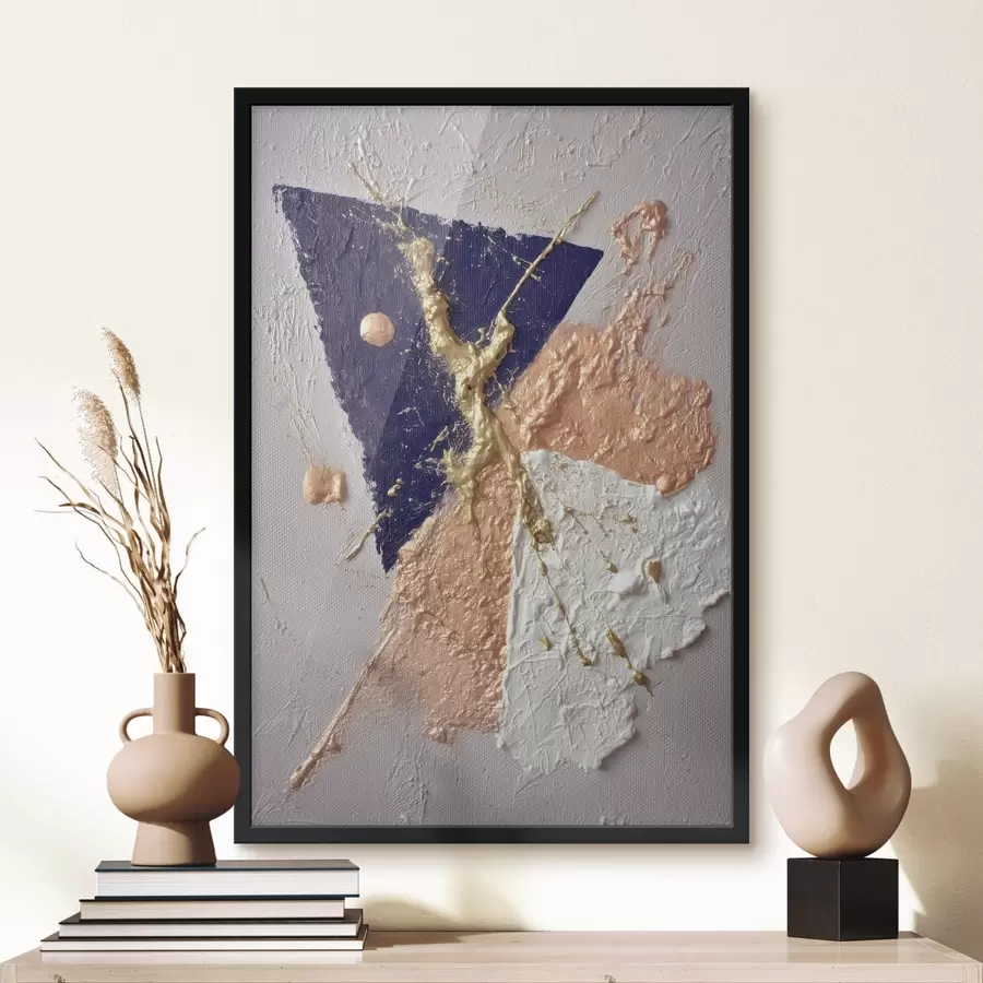 Fototapetai Abstraktaus kompozicijos su tamsiai mėlynu trikampiu ir reljefiniais potėpiais aliejaus tapybos stiliumi f46953