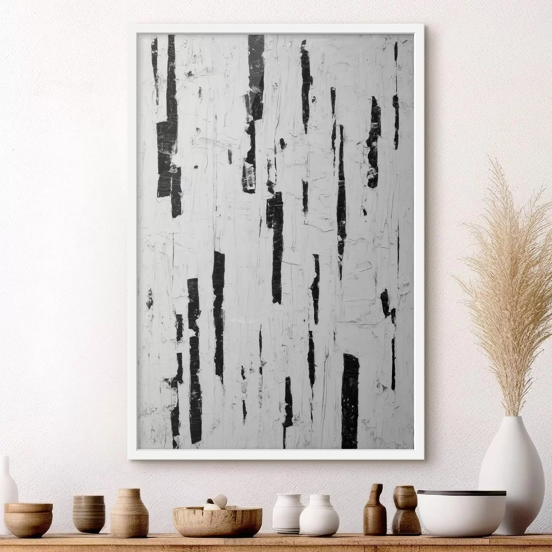 Fototapetai Abstrakčioji kompozicija su juodais vertikaliais potėpiais ant balto fono, tapyta aliejiniais dažais. f46956