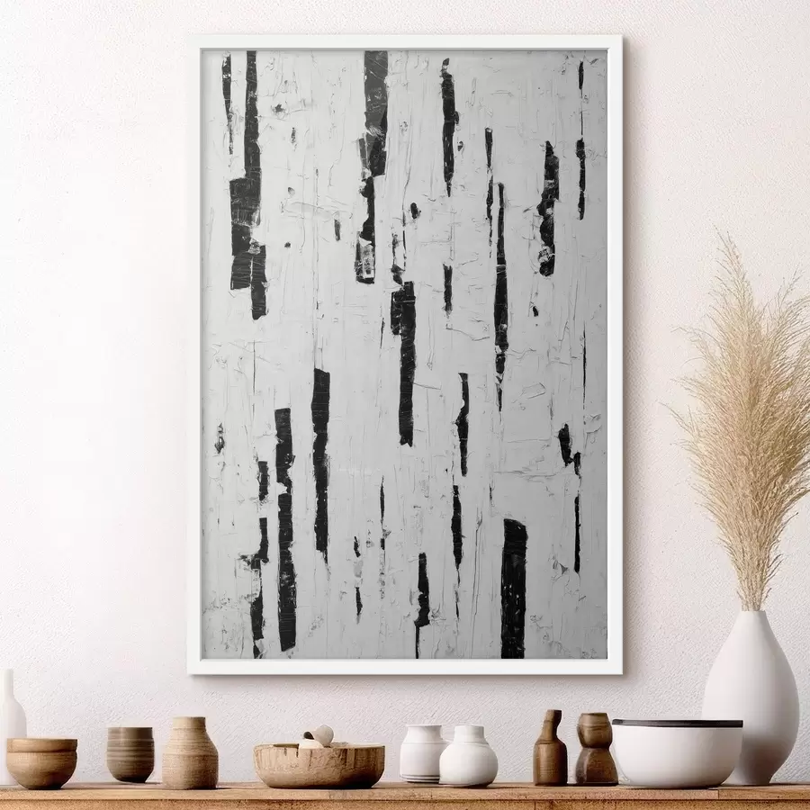 Fototapetai Abstrakčioji kompozicija su juodais vertikaliais potėpiais ant balto fono, tapyta aliejiniais dažais. f46956