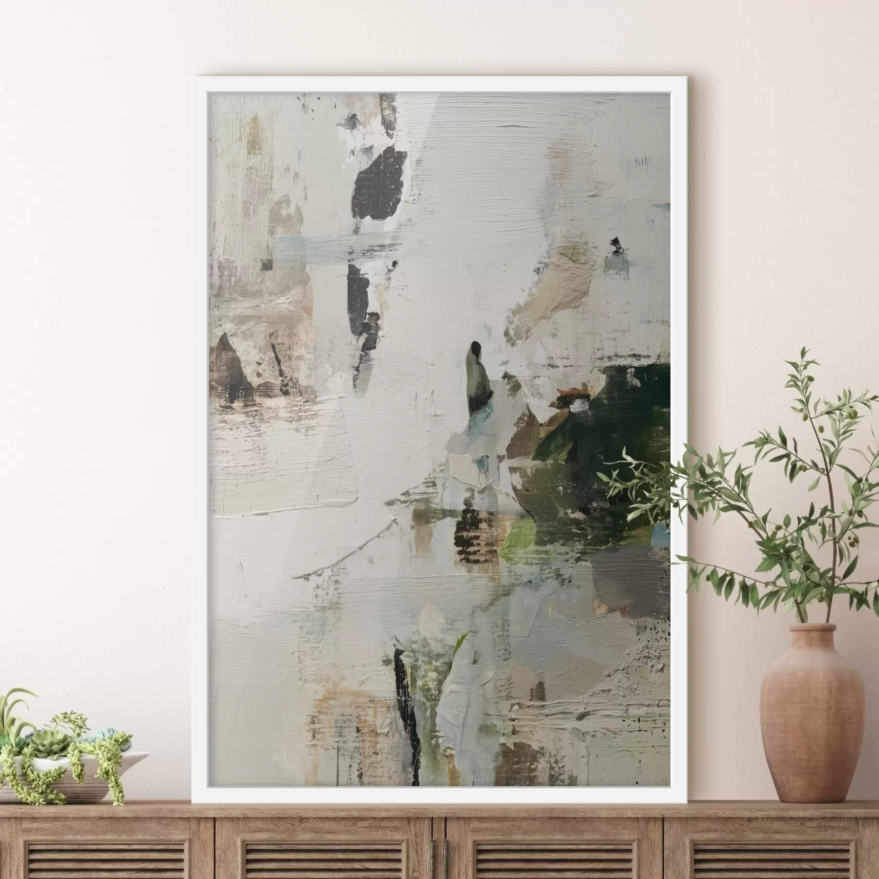 Fototapetai Abstrakčioji kompozicija pasteliniais tonais su tamsiai žaliais akcentais aliejaus tapybos stiliumi f46960