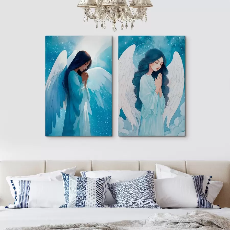 Paveikslėlis Šiuolaikinis sakralinis menas akvarelės stiliumi su mėlynomis mantijomis apsirengusio angelo sargo atvaizdu m01153