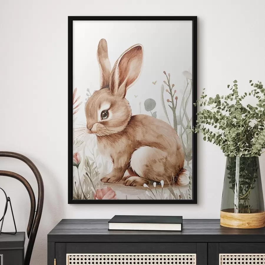 Fototapetai Mielas zuikis gėlių apsuptyje, pieštuko efektas f47741