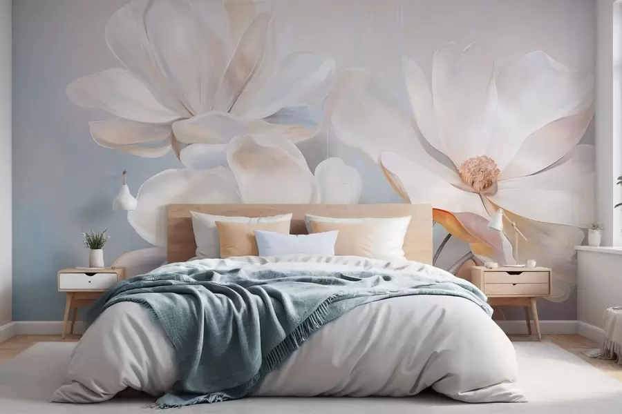 Fototapetai Balta fantazijos magnolijos gėlė su subtiliais tekstūriniais žiedlapiais, švelniu, abstrakčiu fonu w09373