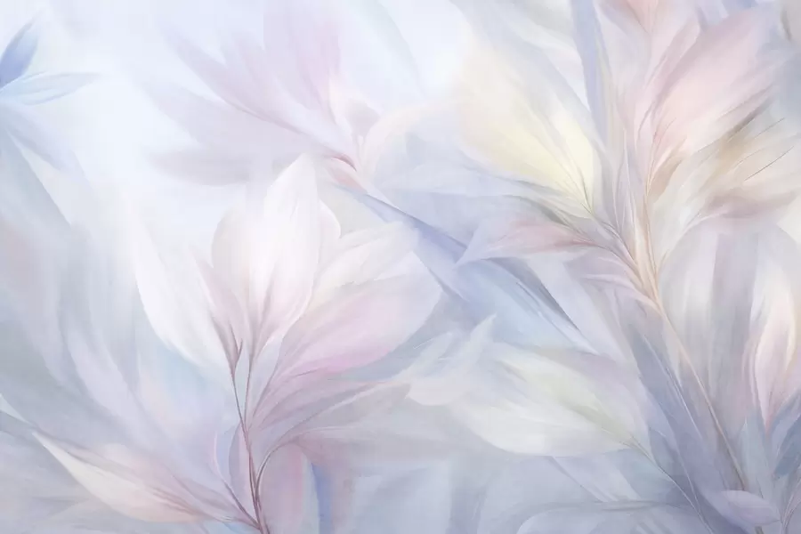 Fototapetai Minkšti, pastelinės spalvos lapai ir plunksnos rožinės, mėlynos ir geltonos spalvų atspalviais, abstraktus ir tekstūruotas spaudinys w09634