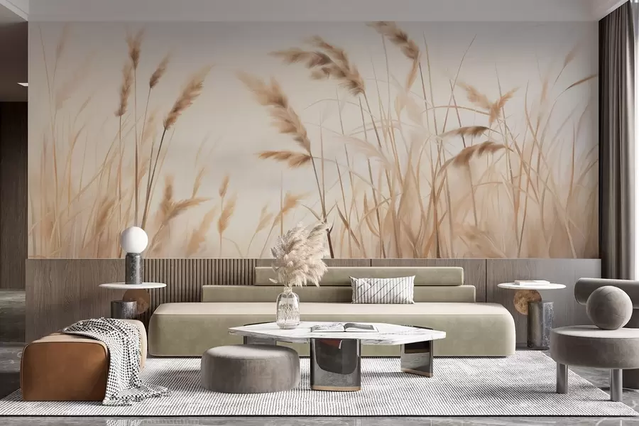 Fototapetai Aukšta, tekstūruota sausa žolė su kviečių varpomis lauke prieš švelnų, šviesų foną w09648