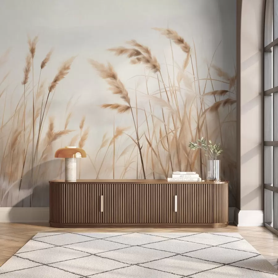 Fototapetai Aukšta, tekstūruota sausa žolė su kviečių varpomis lauke prieš švelnų, šviesų foną w09648