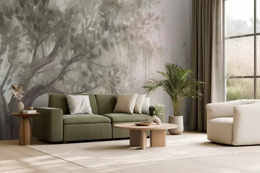 Fototapetai Tekstūruotas medis su šviesiai žaliais lapais ir šakomis, su švelniu, miglotu fonu w09650