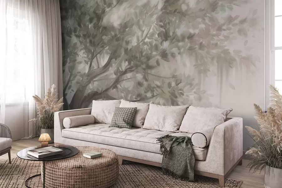 Fototapetai Tekstūruotas medis su šviesiai žaliais lapais ir šakomis, su švelniu, miglotu fonu w09650