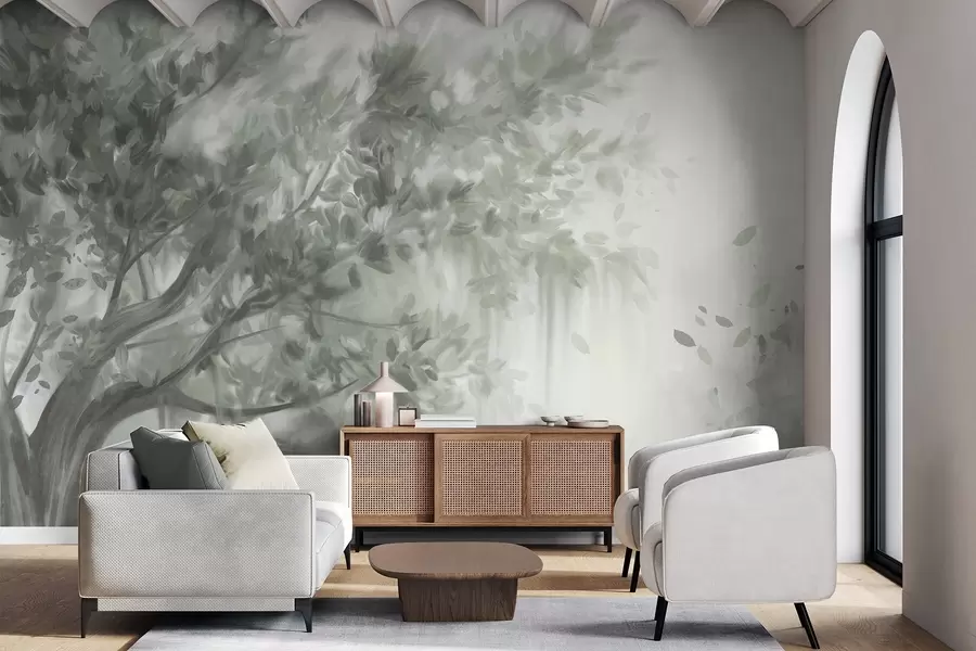 Fototapetai Tekstūruotas medis su žaliais lapais ir šakomis, su švelniu, miglotu fonu w09650v1