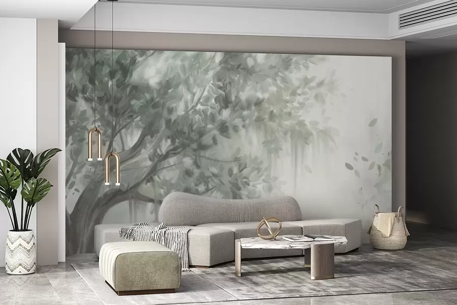 Fototapetai Tekstūruotas medis su žaliais lapais ir šakomis, su švelniu, miglotu fonu w09650v1