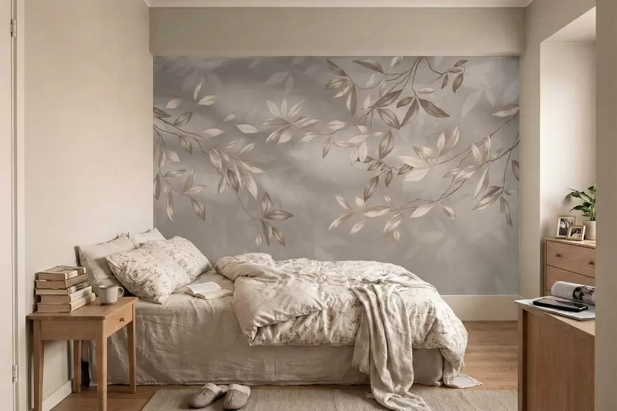 Fototapetai Elegantiškos lapotos šakos smėlio atspalviais ant šviesaus fono w05113