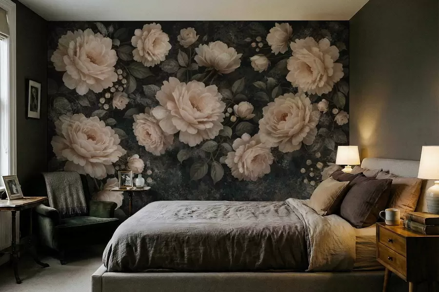 Fototapetai Tamsaus fono fone dideli smėlio spalvos gėlės w05114