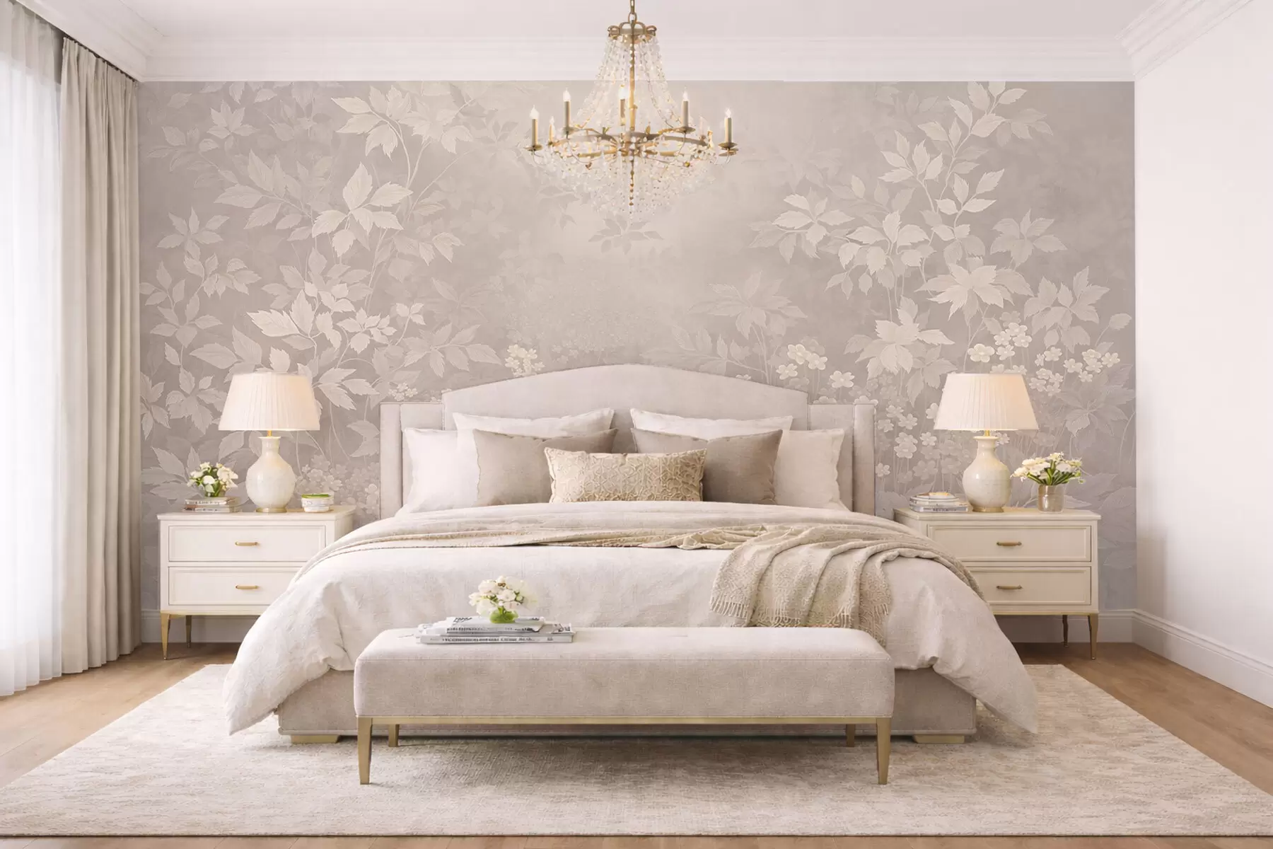 Fototapetai Lengvas botaninis ornamentas su lapais ir mažais žiedais w05115