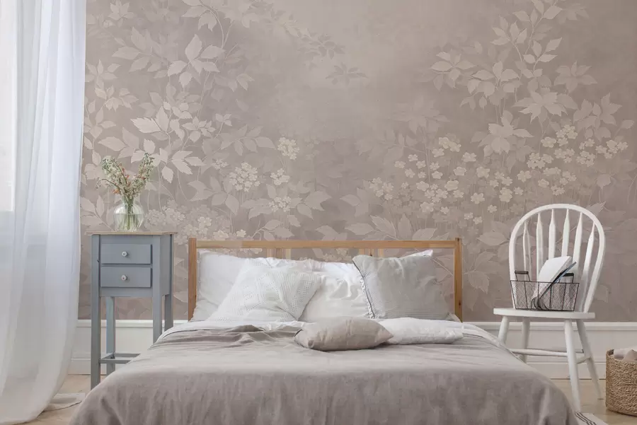 Fototapetai Lengvas botaninis ornamentas su lapais ir mažais žiedais w05115