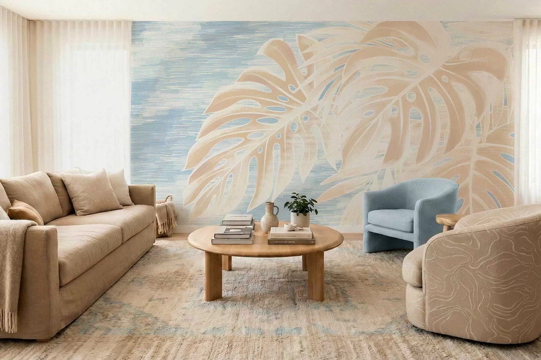 Fototapetai Abstrakčios lapų formos šiltų smėlio atspalvių kompozicija ant šviesaus fono w05130