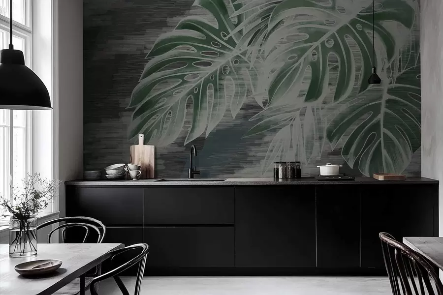 Fototapetai Tamsiai žali lapai ant tekstūruoto tamsaus fono w05130v4