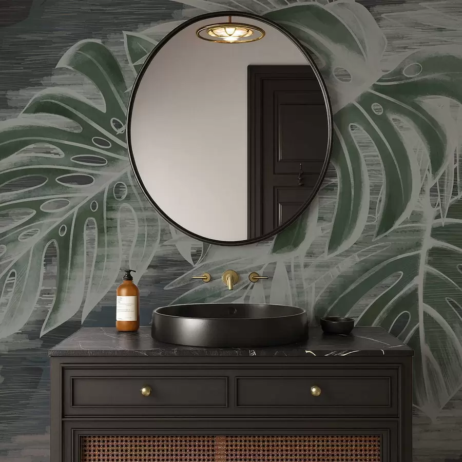 Fototapetai Tamsiai žali lapai ant tekstūruoto tamsaus fono w05130v4