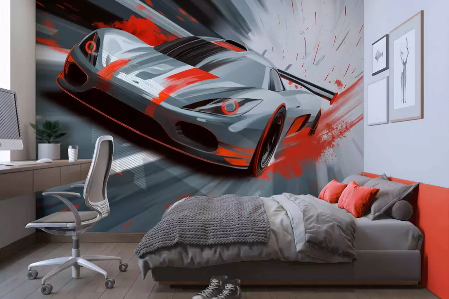 Fototapetai dinamiškas sportinis automobilis, nupieštas skaitmeniniu piešimo stiliumi su raudonais akcentais w05069v1