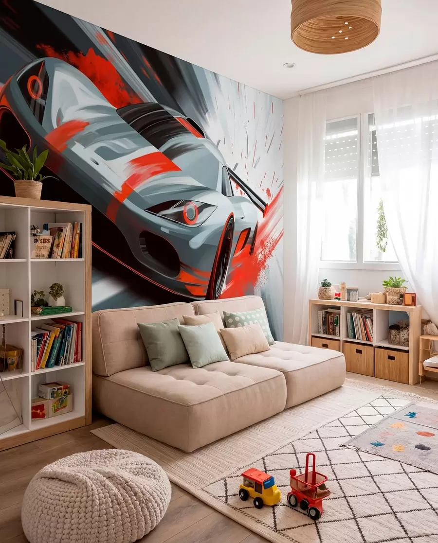 Fototapetai dinamiškas sportinis automobilis, nupieštas skaitmeniniu piešimo stiliumi su raudonais akcentais w05069v1