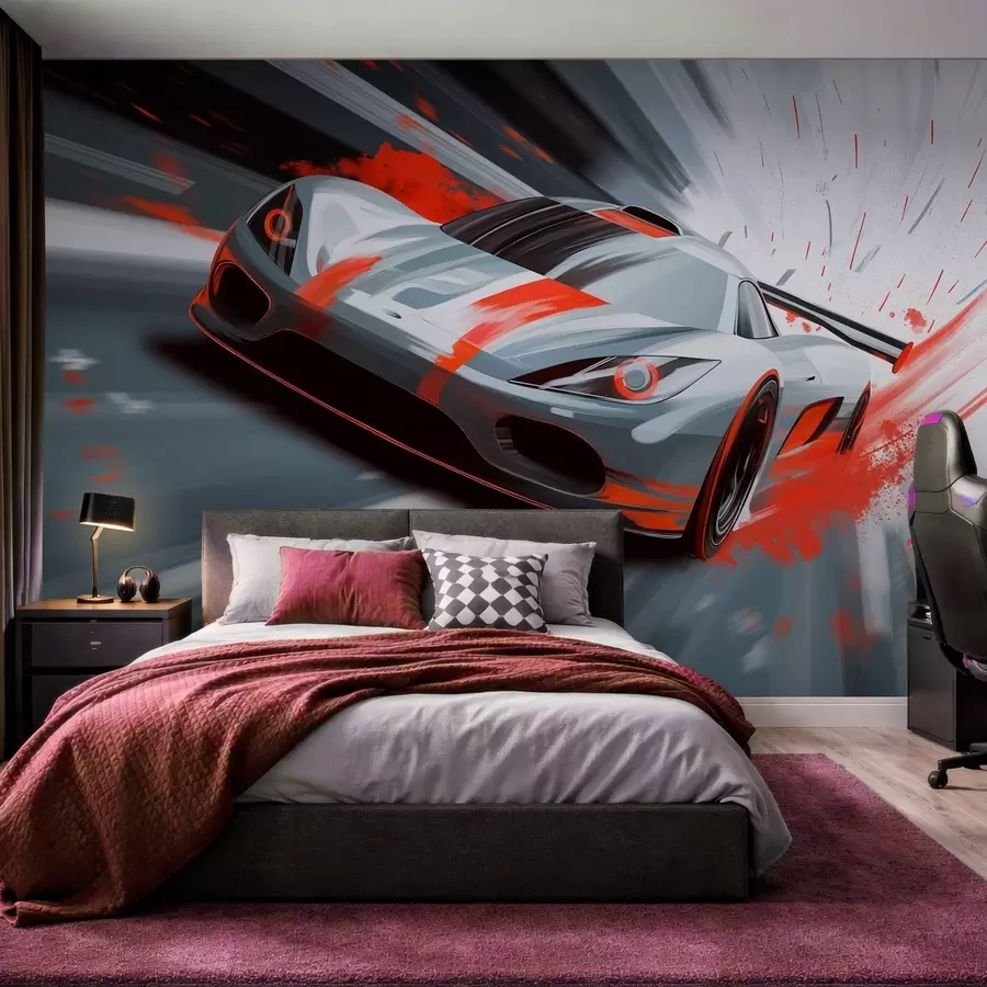 Fototapetai dinamiškas sportinis automobilis, nupieštas skaitmeniniu piešimo stiliumi su raudonais akcentais w05069v1