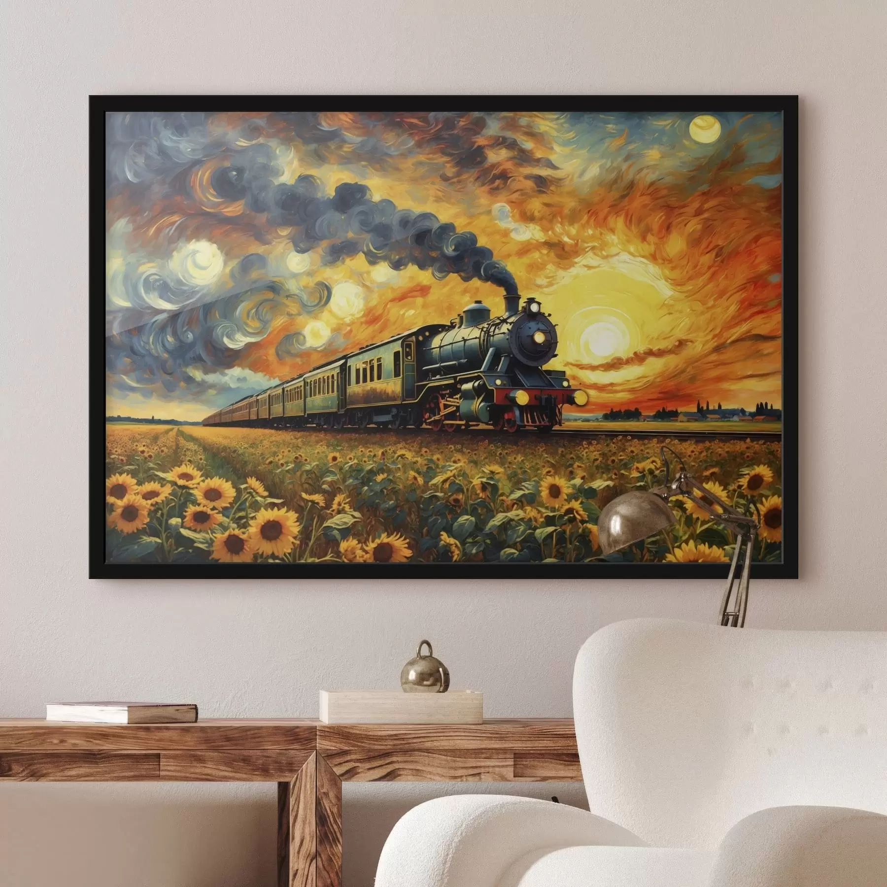 Paveikslėlis Garo traukinys lauke su dramatišku dangumi f47257