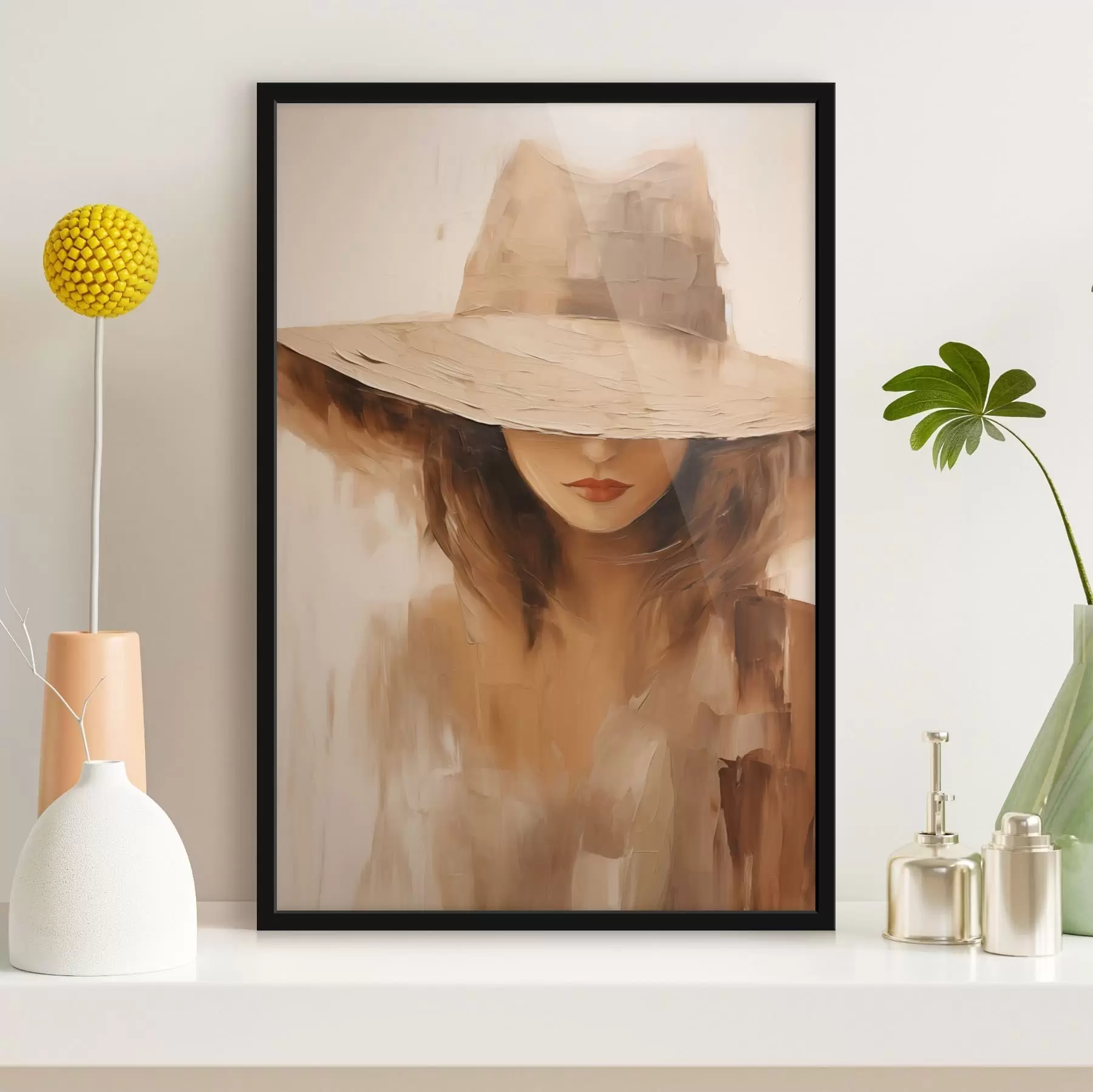 Fototapetai Moteris su skrybėle, nutapyta šiltais abstrakčiais potėpiais f47312