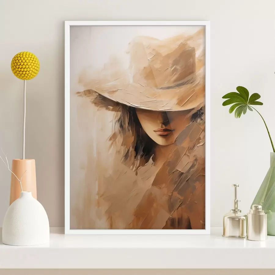 Fototapetai Moteris su skrybėle, nupiešta tekstūringais šiltais potėpiais f47315