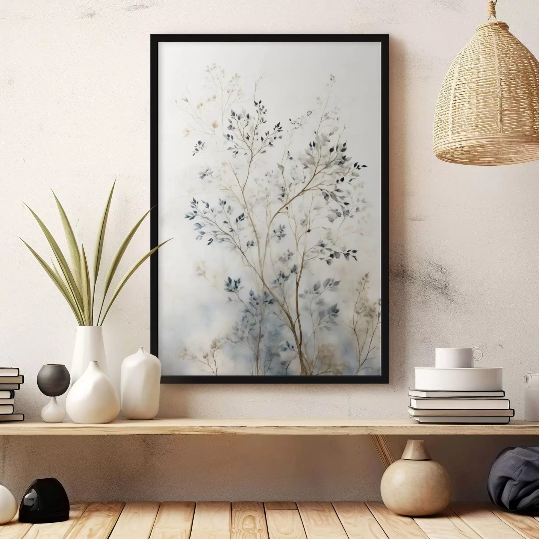 Fototapetai Subtilūs šakeliukai su mažais lapais ant šviesaus fono f47763