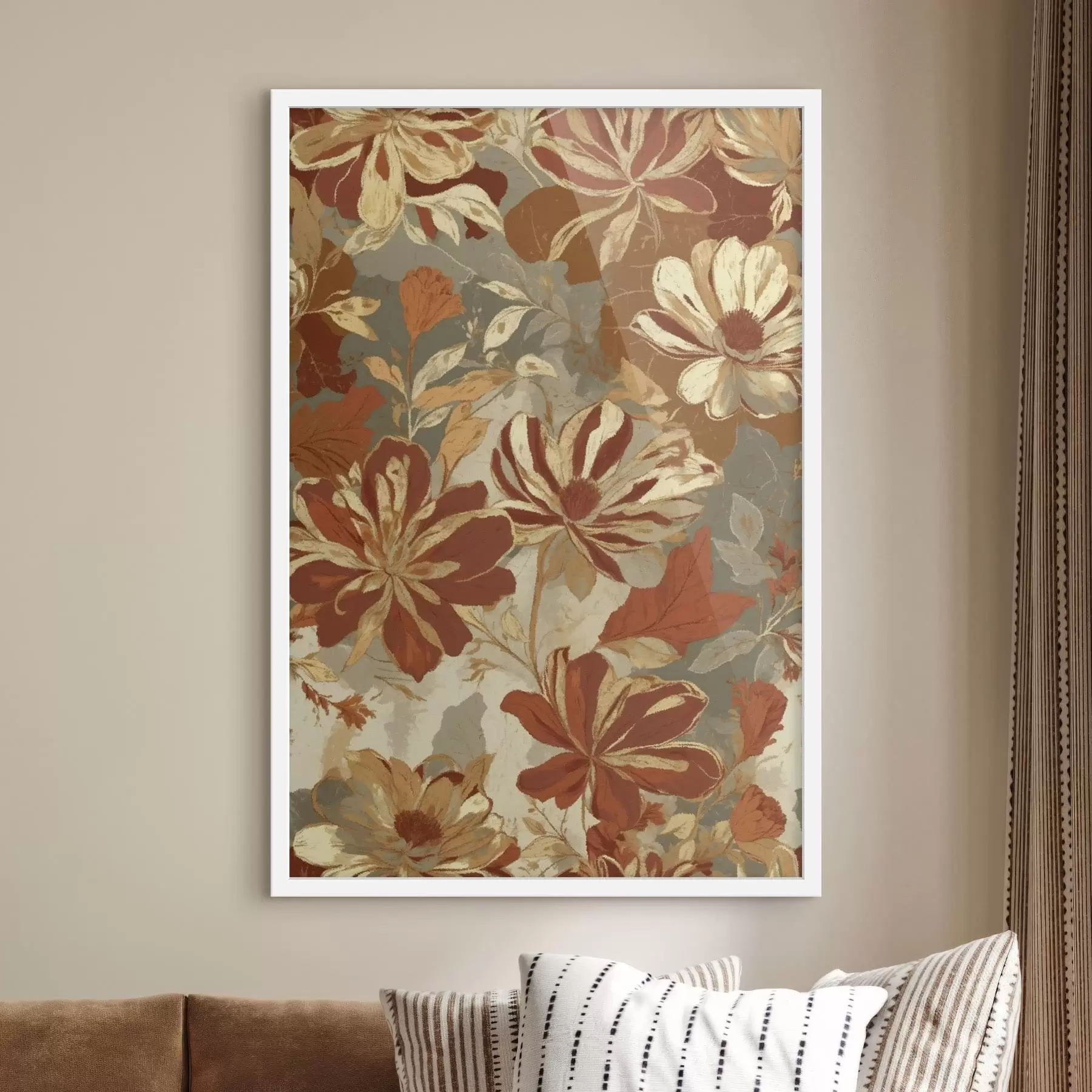 Fototapetai Gėlių raštas šiltų rūdžių ir kreminių atspalvių f47770