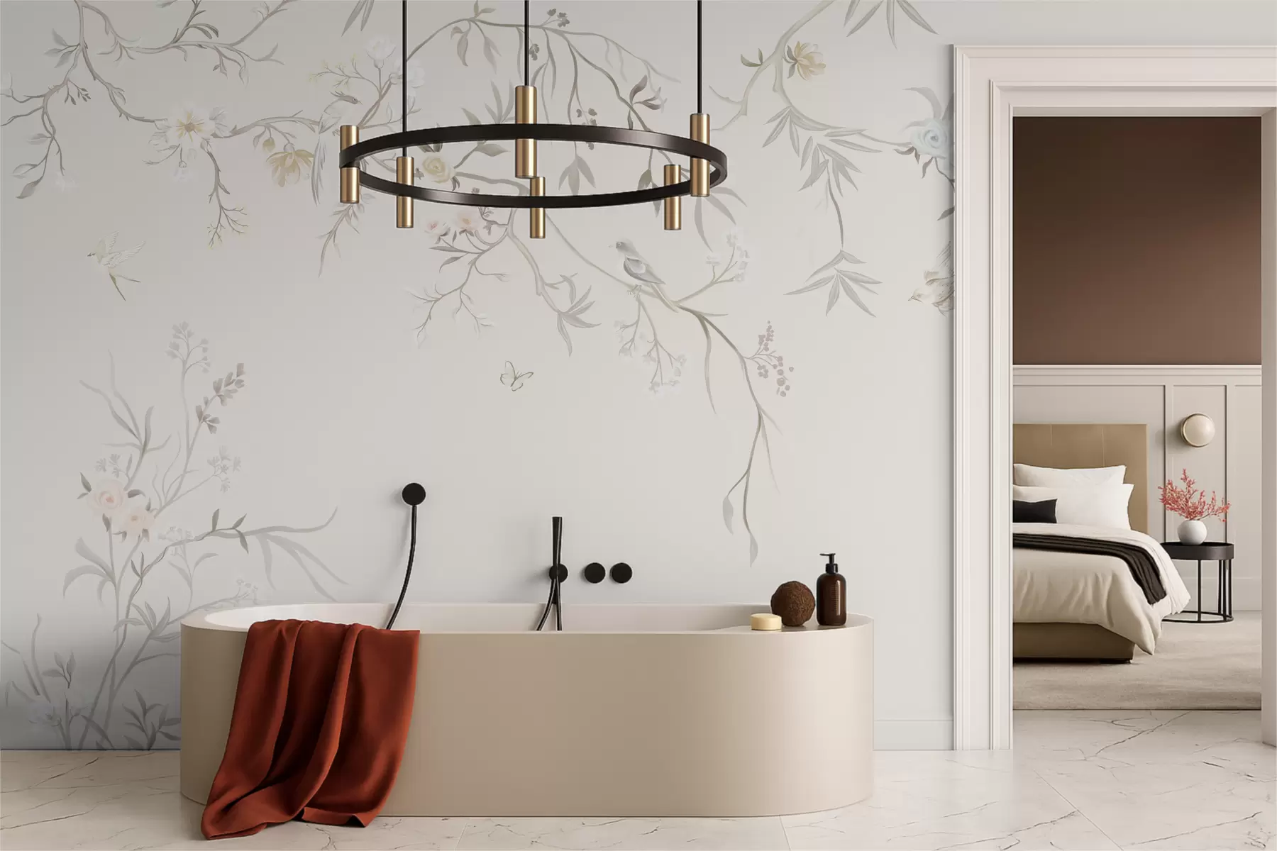 Fototapetai Subtilūs gėlės ir paukščiai ant kreidos fono w05127