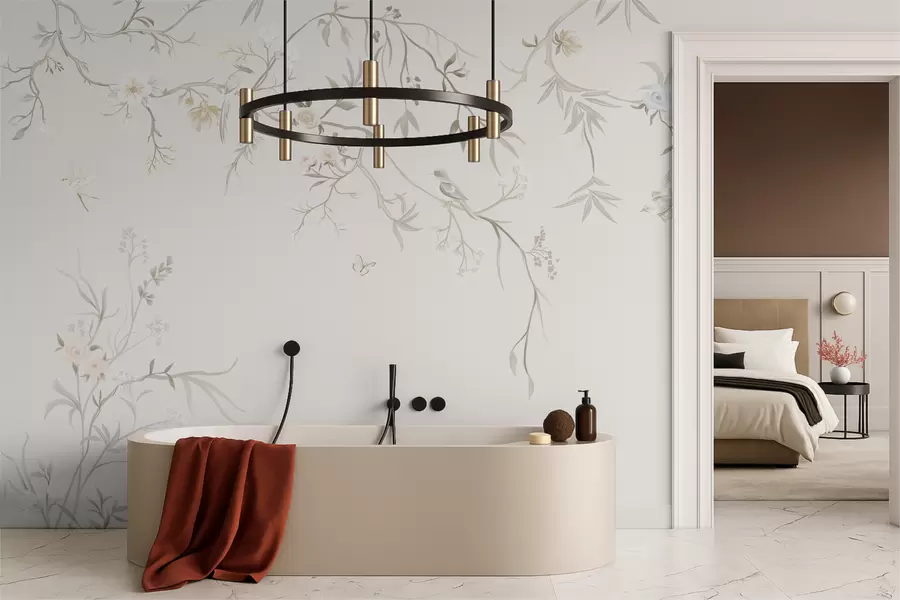 Fototapetai Subtilūs gėlės ir paukščiai ant kreidos fono w05127