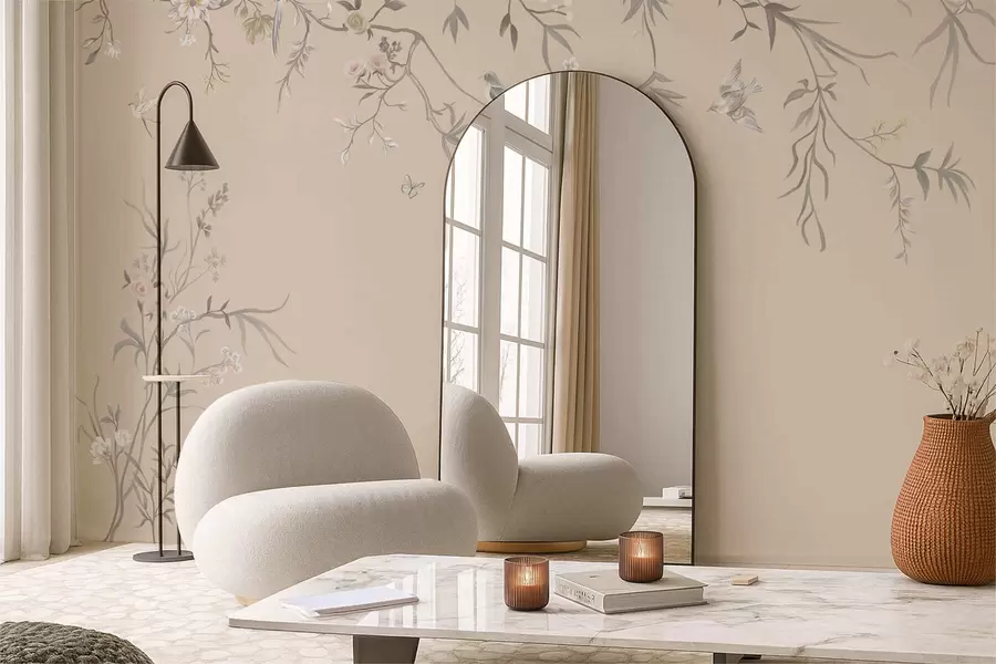 Fototapetai Gėlių šakos su paukščiais ant šilto smėlio spalvos fono w05127v1