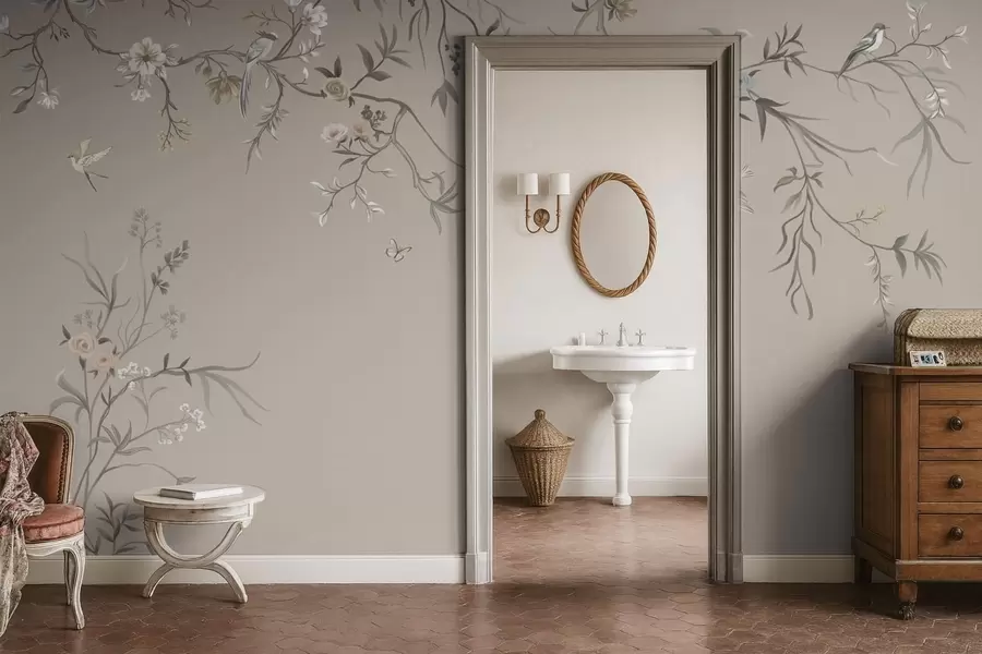 Fototapetai Gėlių ornamentas su paukščiais ant neutralios fono w05127v3