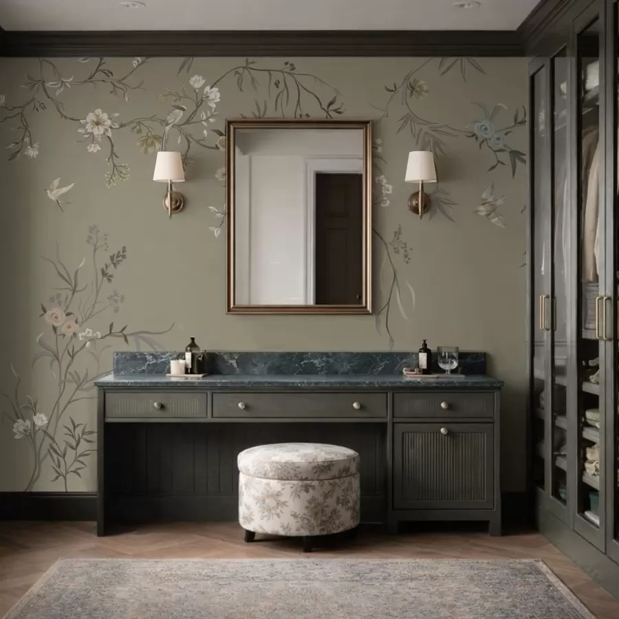 Fototapetai Gėlių motyvas su paukščiais ant pilko fono w05127v4