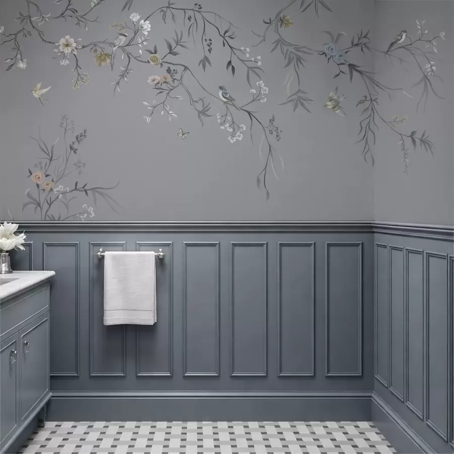 Fototapetai Gėlių šakos su paukščiais žaliame fone w05127v5