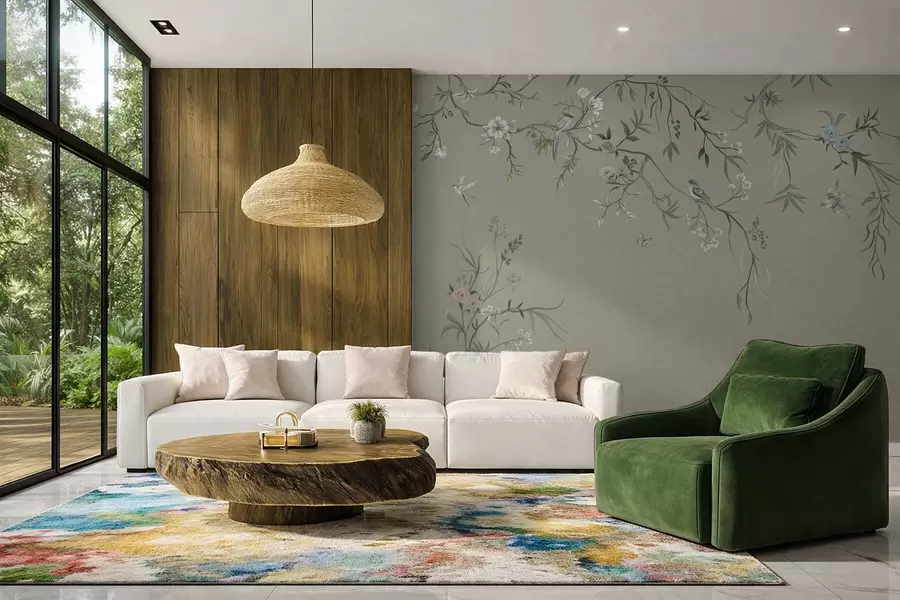 Fototapetai Gėlių raštas su paukščiais ant šalto fono w05127v6