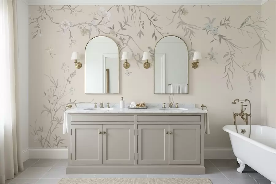 Fototapetai Gėlių šakos su paukščiais ant šviesaus fono w05127v7