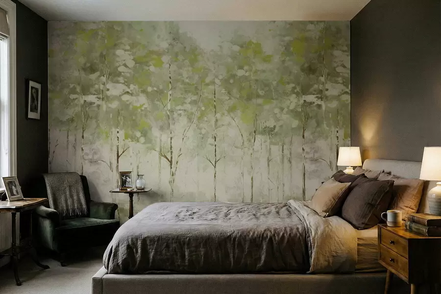 Fototapetai Stilizuotas miškas su lieknomis medžių siluetais žalios spalvos tonais w05221v1