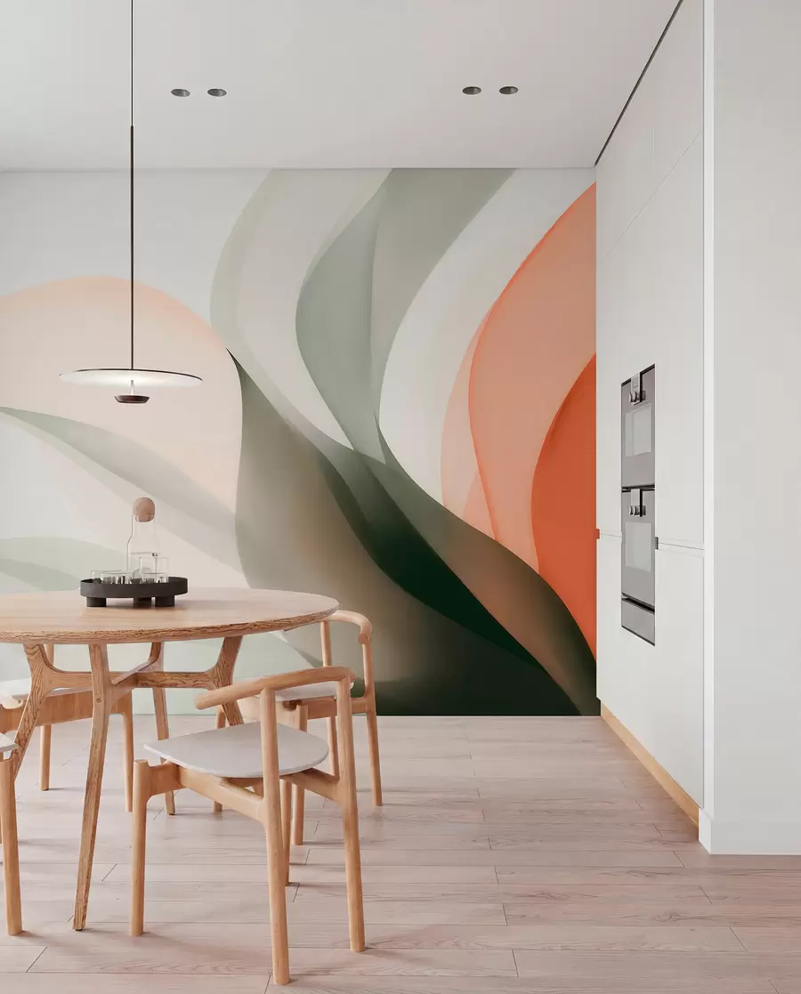 Fototapetai Abstrakčios pastelinių atspalvių bangos oranžiniais ir žaliais tonais w09718