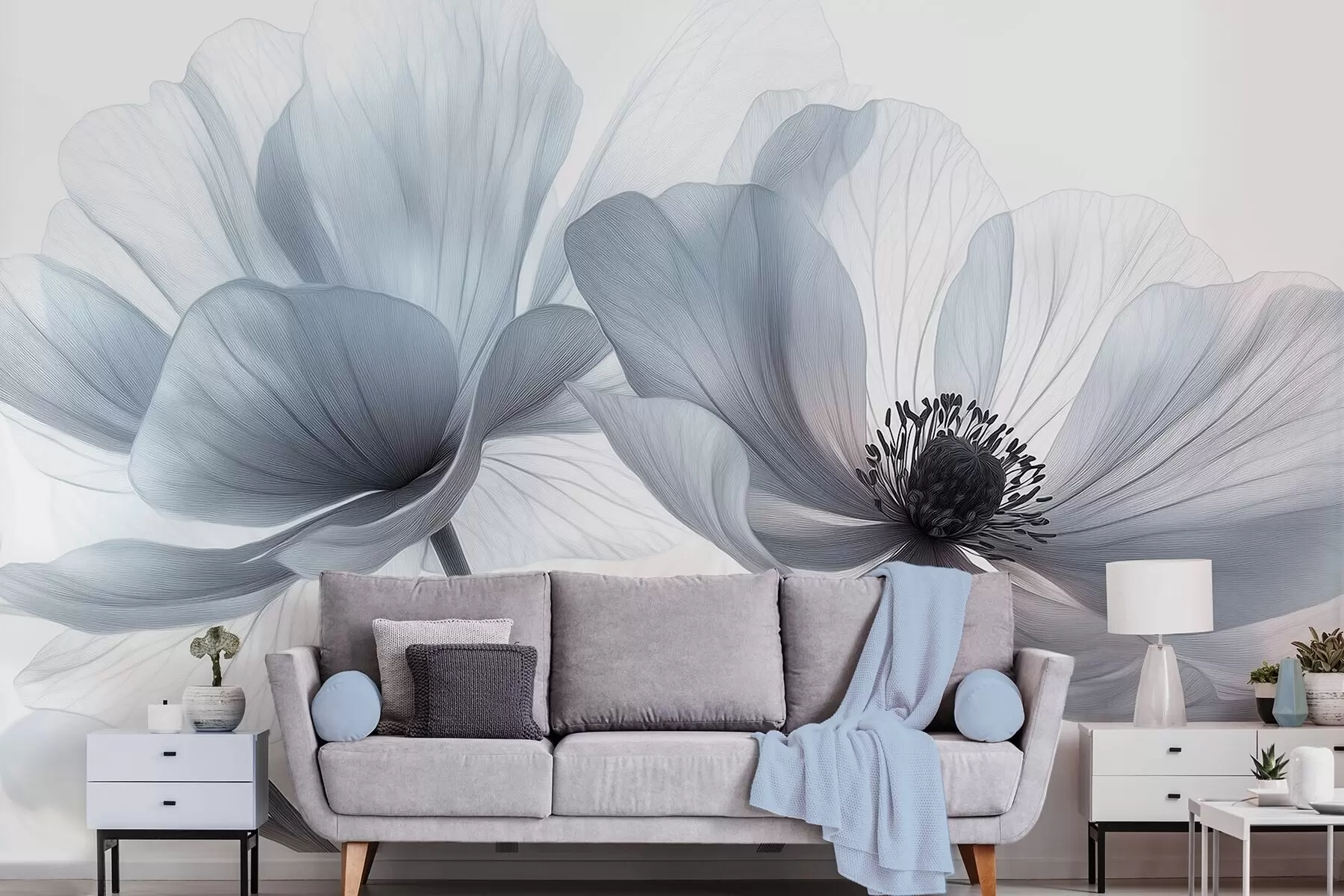 Fototapetai Permatomi melsvai balti žiedai ant šviesaus fono w09720