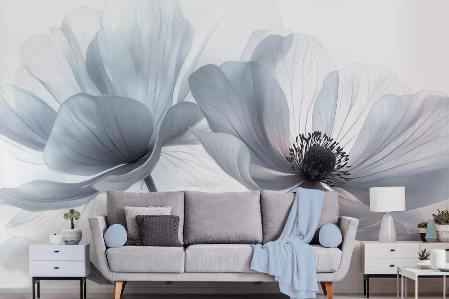 Fototapetai Permatomi melsvai balti žiedai ant šviesaus fono w09720