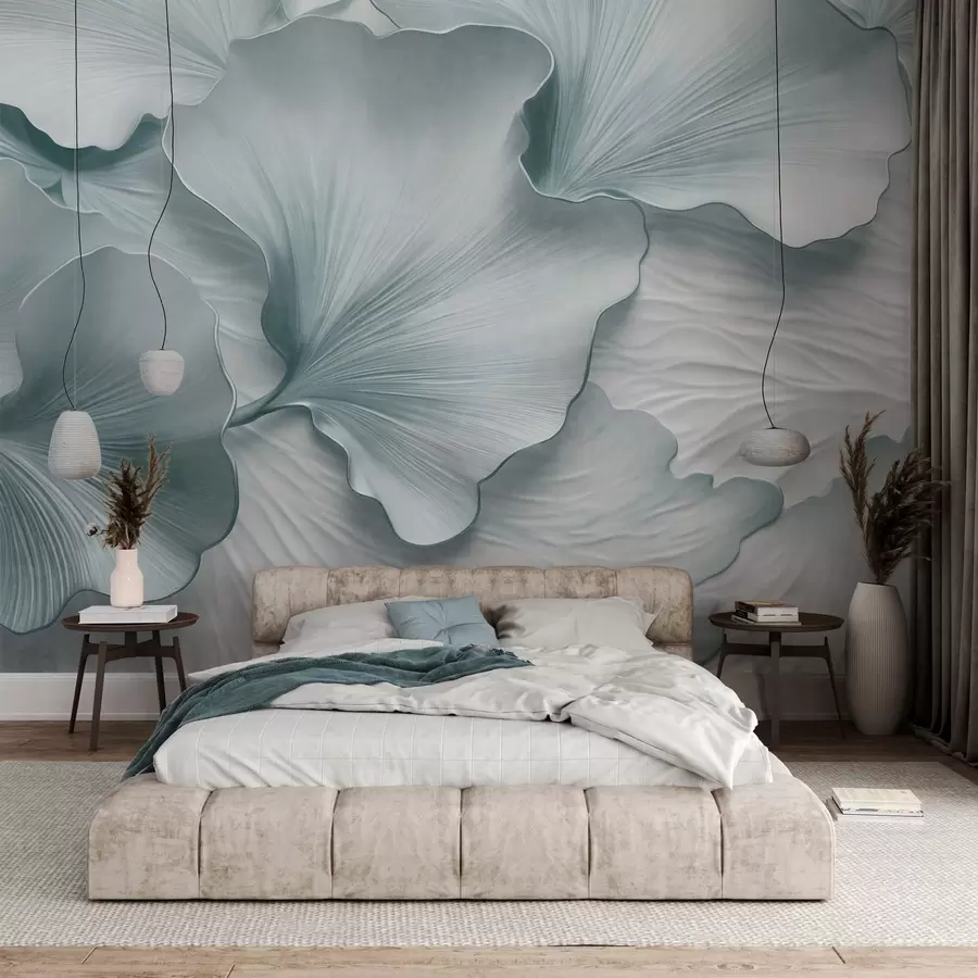 Fototapetai Tekstūruoti, mėlyni ir balti ginkgo lapų žiedlapiai su subtiliais organiniais raštais w09741v1