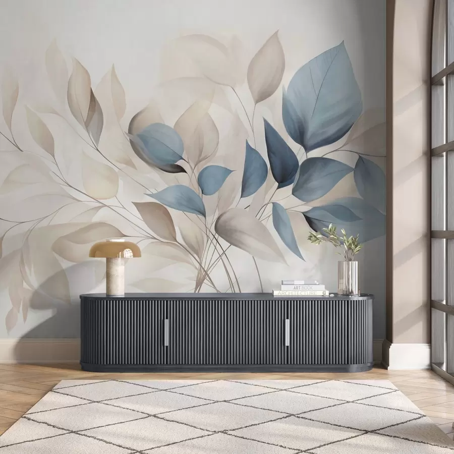 Fototapetai Abstrakčios permatomos lapų formos kompozicijos mėlynos, smėlio ir kreminės spalvų atspalviais, tekstūruotos meno kūrinys w09744