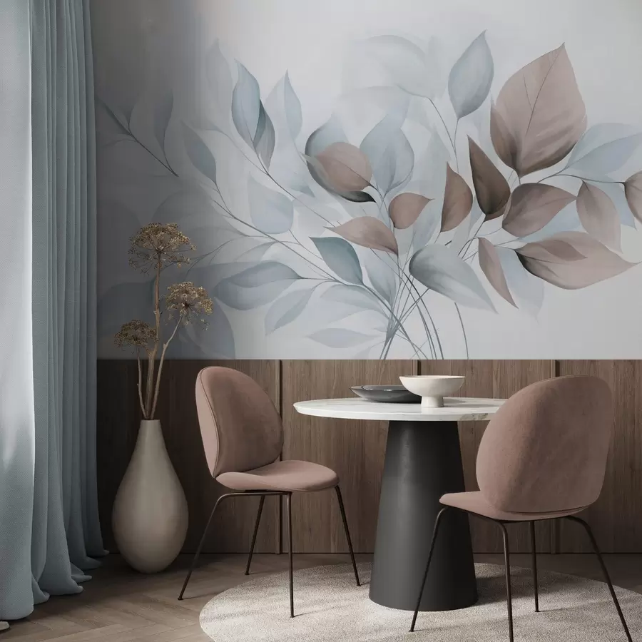 Fototapetai Abstrakčios permatomos lapų formos kompozicijos mėlynos, smėlio ir rudos spalvų atspalviais, tekstūruotos meno kūriniai w09744v1