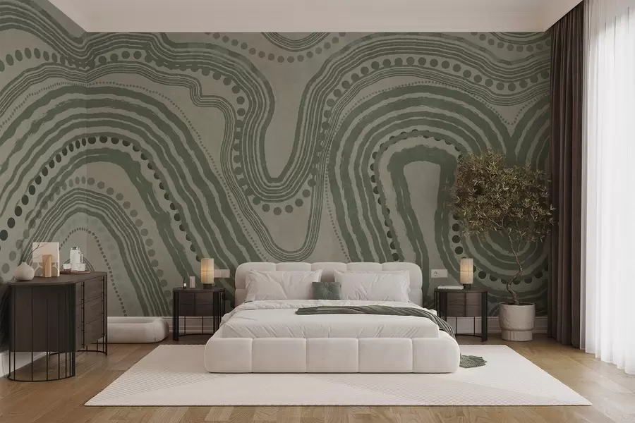 Fototapetai Abstrakčios žalios ir smėlio spalvos banguotos linijos ir taškai, modernus tekstūruotas menas w09747