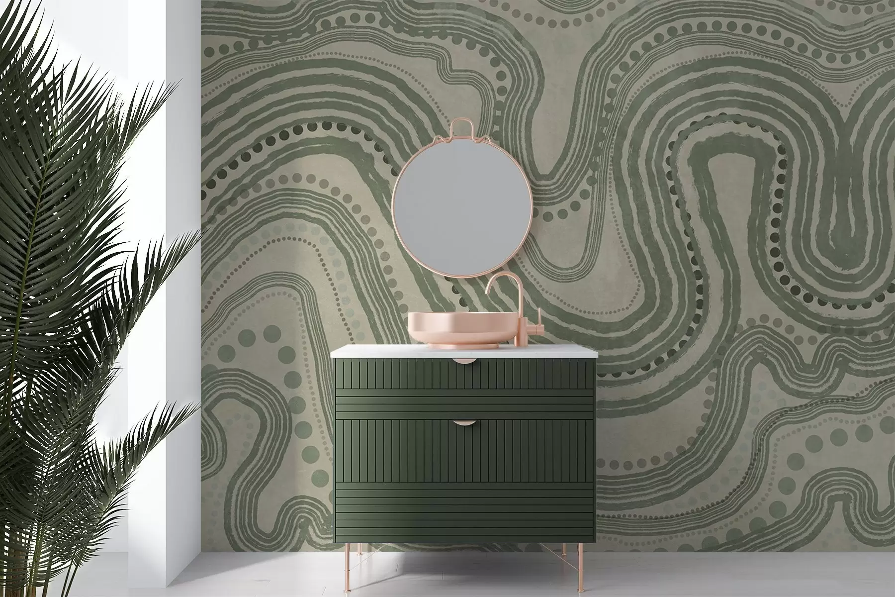 Fototapetai Abstrakčios žalios ir smėlio spalvos banguotos linijos ir taškai, modernus tekstūruotas menas w09747