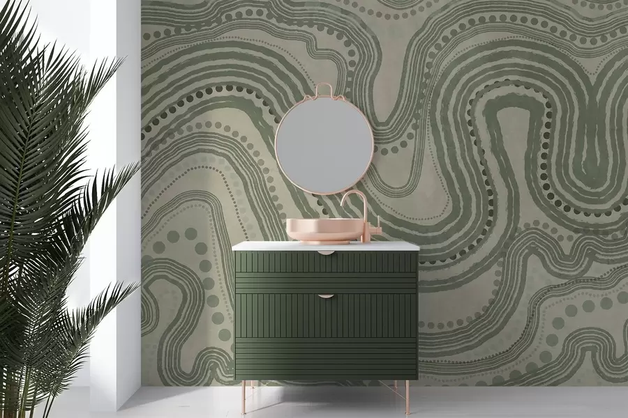 Fototapetai Abstrakčios žalios ir smėlio spalvos banguotos linijos ir taškai, modernus tekstūruotas menas w09747