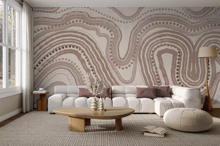 Fototapetai Abstrakčios rudos ir smėlio spalvos banguotos linijos ir taškai, modernus tekstūruotas menas w09747v1